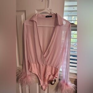 Banjul Light Pink Sheer Bodysuit with Feather sleeves
